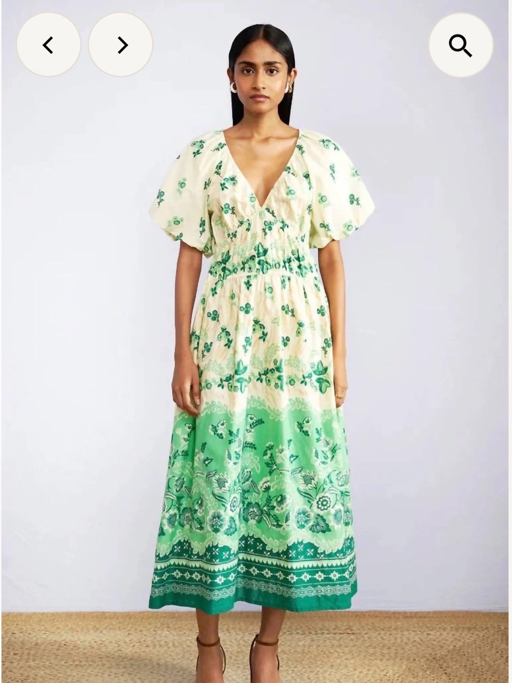 Banjanan Cream and Green Ombre Floral Puff-Sleeve Maxi Dress